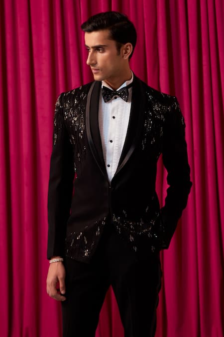 Contrast By Parth_Black Suede, Wool Beads, Cut Work Embellished Tuxedo Set _Online_at_Aza_Fashions