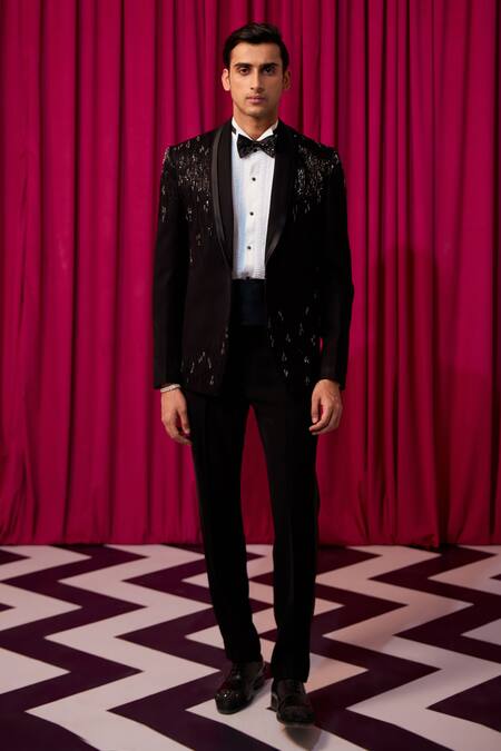 Buy_Contrast By Parth_Black Suede, Wool Beads, Cut Work Embellished Tuxedo Set _Online_at_Aza_Fashions