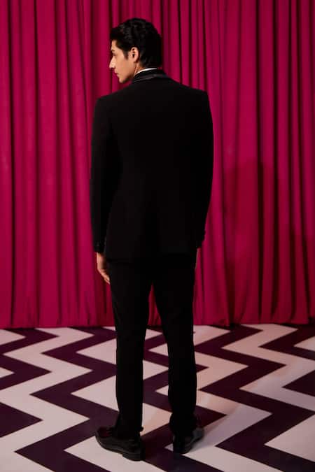 Shop_Contrast By Parth_Black Cotton Cut Work, Embroidery Onyx Tuxedo Set _at_Aza_Fashions