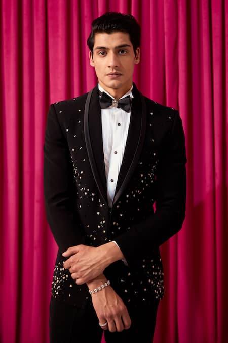 Contrast By Parth_Black Cotton Cut Work, Embroidery Onyx Tuxedo Set _Online_at_Aza_Fashions