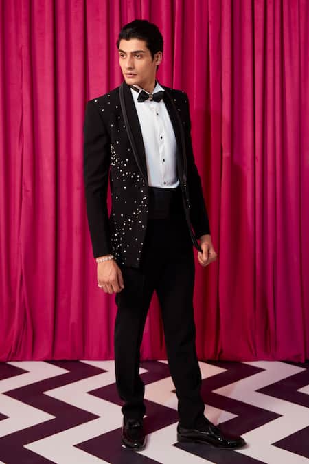 Buy_Contrast By Parth_Black Cotton Cut Work, Embroidery Onyx Tuxedo Set _Online_at_Aza_Fashions