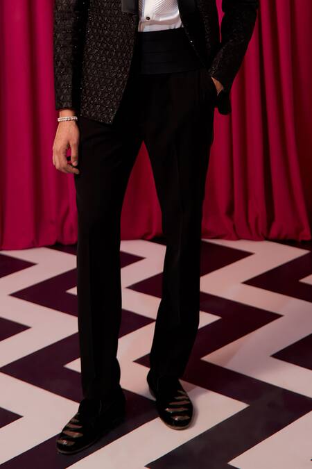 Contrast By Parth_Black Silk, Polyester Cut Work, Embroidery Textured Embellished Tuxedo Set _Online_at_Aza_Fashions