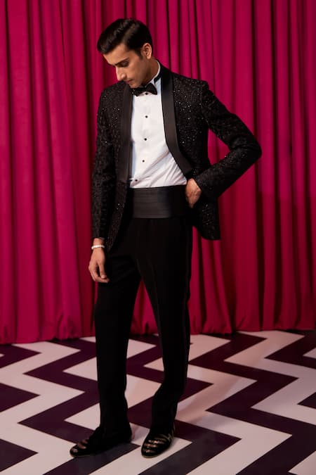 Buy_Contrast By Parth_Black Silk, Polyester Cut Work, Embroidery Textured Embellished Tuxedo Set _Online_at_Aza_Fashions