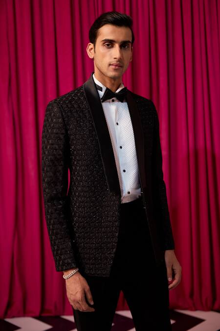 Shop_Contrast By Parth_Black Silk, Polyester Cut Work, Embroidery Textured Embellished Tuxedo Set _Online_at_Aza_Fashions