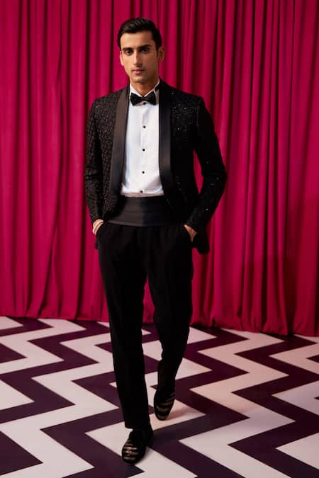 Contrast By Parth_Black Silk, Polyester Cut Work, Embroidery Textured Embellished Tuxedo Set _at_Aza_Fashions