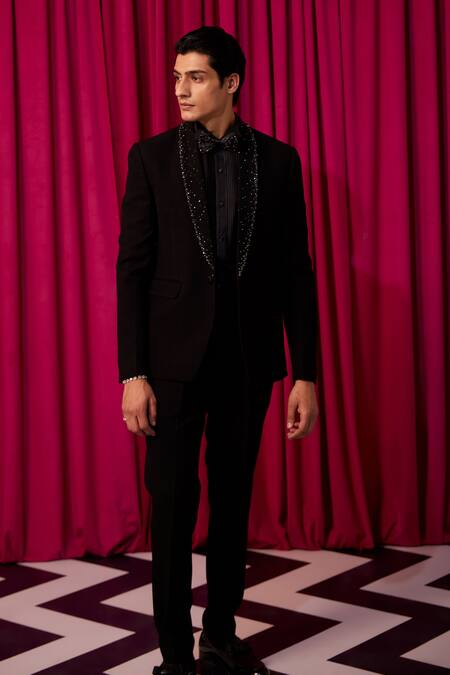 Contrast By Parth_Black Suede, Cotton, Wool Crystals Embellished Tuxedo Set_Online_at_Aza_Fashions