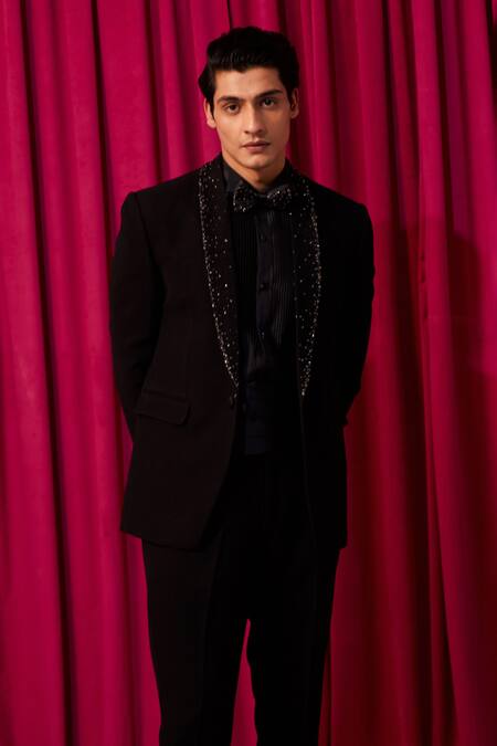 Buy Contrast By Parth Black Suede, Cotton, Wool Crystals Embellished Tuxedo Set Online at Aza Fashions Buy_Contrast By Parth_Black Suede, Cotton, Wool Crystals Embellished Tuxedo Set_Online_at_Aza_Fashions