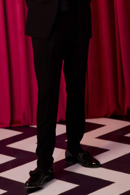 Shop Contrast By Parth Black Suede, Cotton, Wool Crystals Embellished Tuxedo Set Online at Aza Fashions Shop_Contrast By Parth_Black Suede, Cotton, Wool Crystals Embellished Tuxedo Set_Online_at_Aza_Fashions