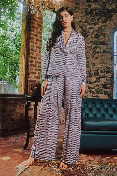 Tara And I_Multi Color Modal, Satin Geometric Print Blazer_at_Aza_Fashions