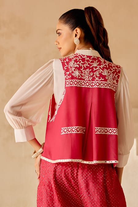 Shop Twenty Nine Pink Georgette Embroidery, Mirrors Round Neck Parsi Gaara Jacket Online at Aza Fashions Shop_Twenty Nine_Pink Georgette Embroidery, Mirrors Round Neck Parsi Gaara Jacket _Online_at_Aza_Fashions