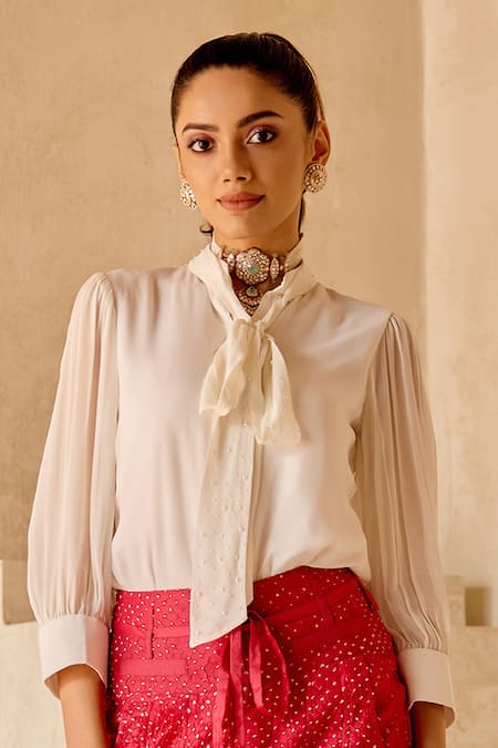 Twenty Nine_Ivory Georgette Embroidery Collared Embellished Tie Shirt _Online_at_Aza_Fashions