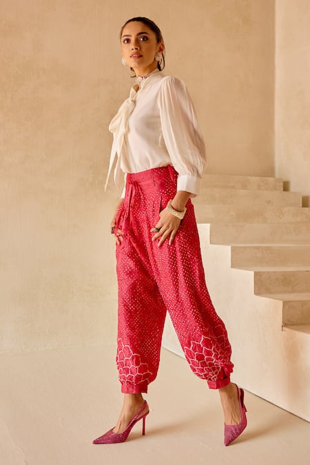 Buy_Twenty Nine_Ivory Georgette Embroidery Collared Embellished Tie Shirt _Online_at_Aza_Fashions