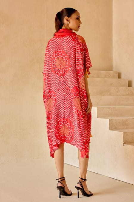 Shop Twenty Nine Pink Cowl Neck Overlap Bandhani Cape at Aza Fashions Shop_Twenty Nine_Pink Cowl Neck Overlap Bandhani Cape _at_Aza_Fashions