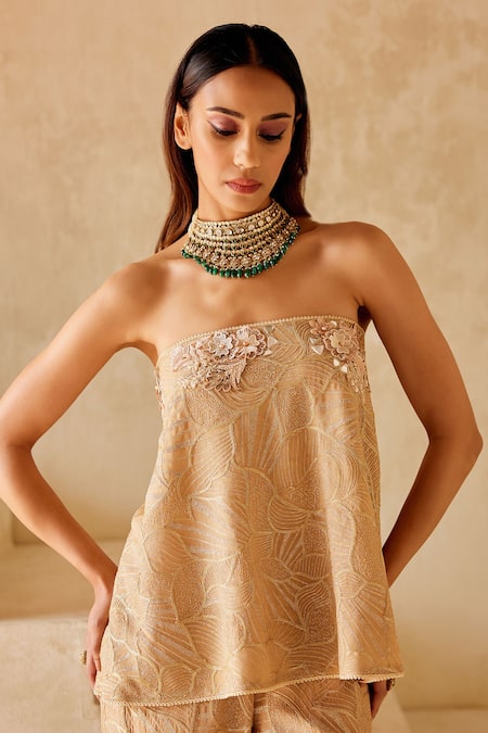 Twenty Nine Beige Georgette Mirrors, Zari, Embroidery Square Neck Strapless Top Online at Aza Fashions Twenty Nine_Beige Georgette Mirrors, Zari, Embroidery Square Neck Strapless Top _Online_at_Aza_Fashions