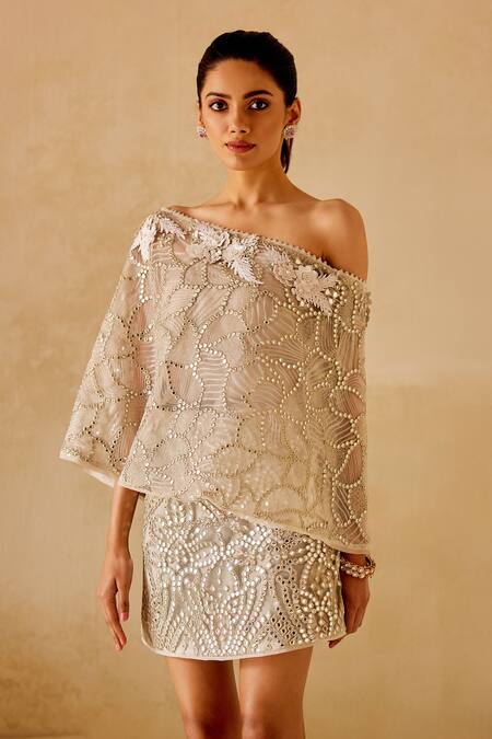 Twenty Nine_Silver Mirror Work Drop Shoulder Cape _Online_at_Aza_Fashions