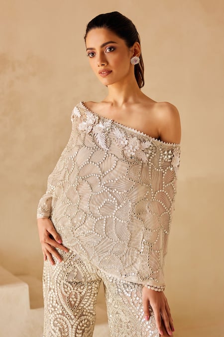 Buy_Twenty Nine_Silver Mirror Work Drop Shoulder Cape _Online_at_Aza_Fashions