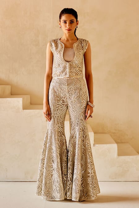 Shop_Twenty Nine_Silver Tissue Mirrors Collared Embroidered Gilet _Online_at_Aza_Fashions