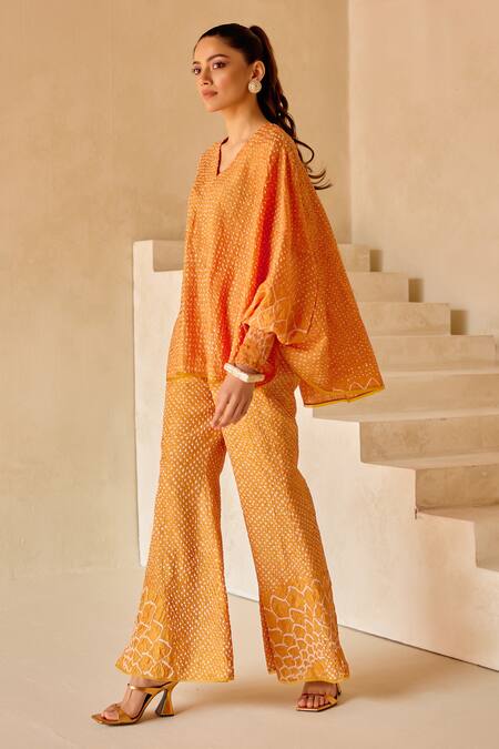 Twenty Nine_Orange Gabardine Embroidery V-neck Bandhani Cape Top _Online_at_Aza_Fashions