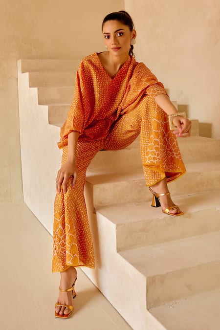 Shop_Twenty Nine_Orange Gabardine Embroidery V-neck Bandhani Cape Top _Online_at_Aza_Fashions