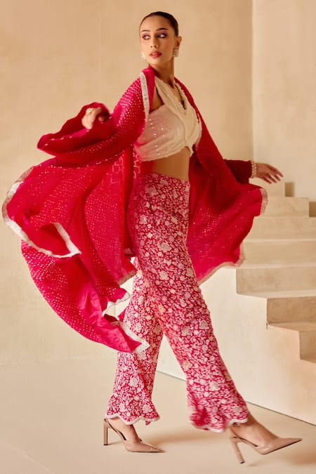 Twenty Nine_Pink Gabardine Beads Open Neck Bandhani Overlay Jacket _Online_at_Aza_Fashions