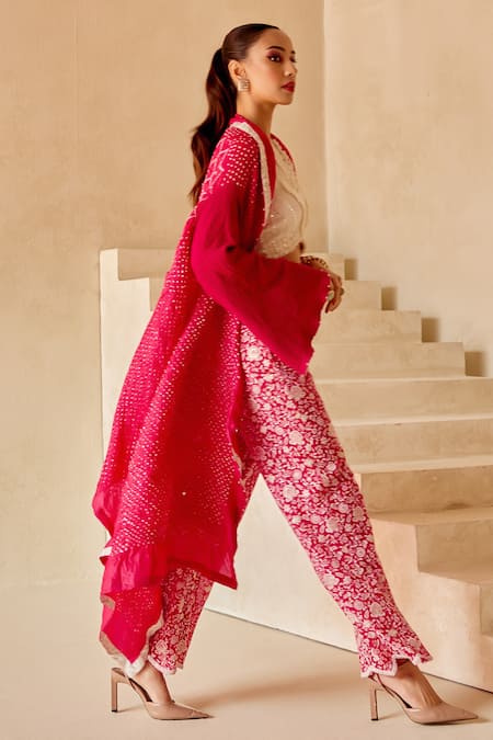 Buy_Twenty Nine_Pink Gabardine Beads Open Neck Bandhani Overlay Jacket _Online_at_Aza_Fashions