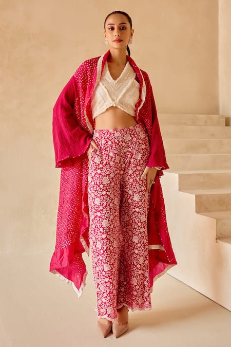 Shop_Twenty Nine_Pink Gabardine Beads Open Neck Bandhani Overlay Jacket _Online_at_Aza_Fashions