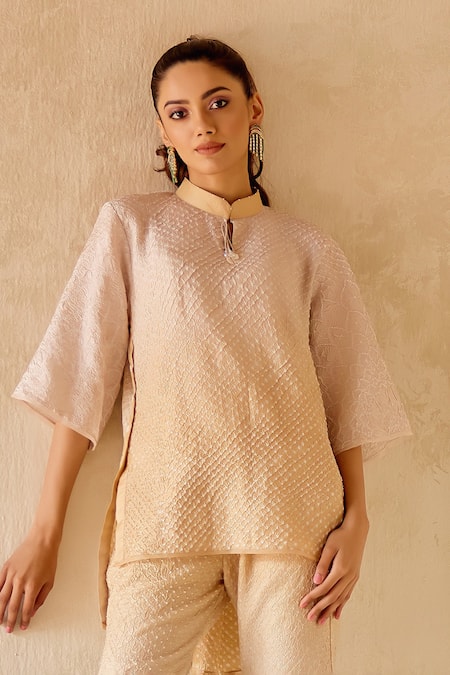 Buy_Twenty Nine_Beige Gabardine Beads Mandarin Collar Bandhani Gajji Silk Top _Online_at_Aza_Fashions