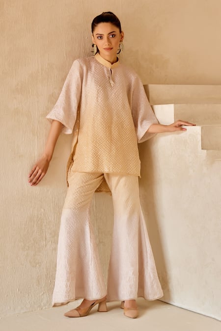 Shop_Twenty Nine_Beige Gabardine Beads Mandarin Collar Bandhani Gajji Silk Top _Online_at_Aza_Fashions