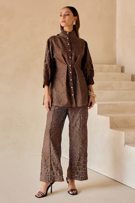 Twenty Nine_Brown Gingham High Neck Crushed Bandhani Shirt Jacket _Online_at_Aza_Fashions