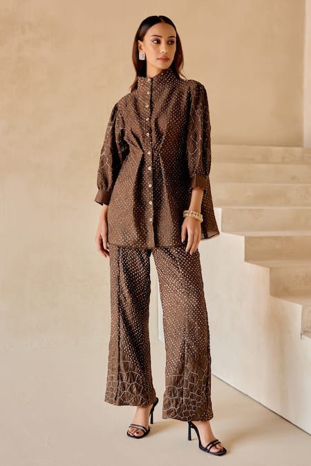 Buy_Twenty Nine_Brown Gingham High Neck Crushed Bandhani Shirt Jacket _Online_at_Aza_Fashions