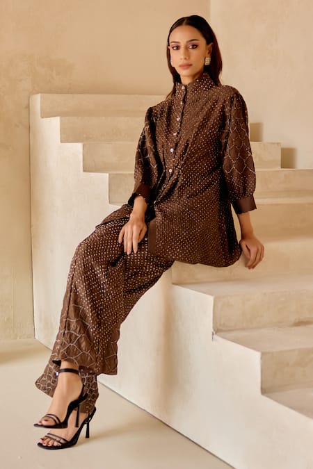 Twenty Nine_Brown Gingham High Neck Crushed Bandhani Shirt Jacket _at_Aza_Fashions