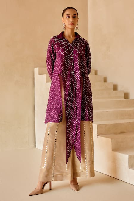Twenty Nine_Purple Gingham Embroidery Collared Crushed Bandhani Wrap-up Tunic _Online_at_Aza_Fashions