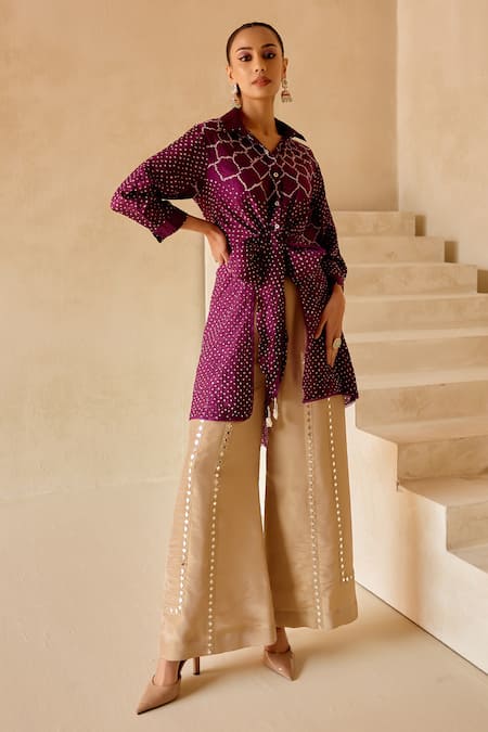 Buy_Twenty Nine_Purple Gingham Embroidery Collared Crushed Bandhani Wrap-up Tunic _Online_at_Aza_Fashions
