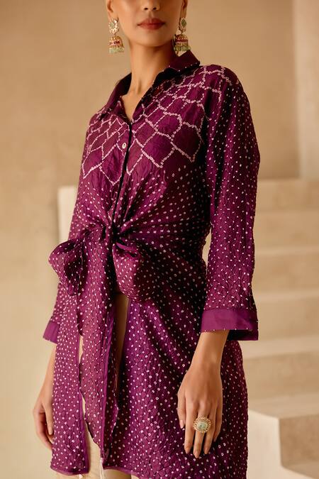 Shop_Twenty Nine_Purple Gingham Embroidery Collared Crushed Bandhani Wrap-up Tunic _Online_at_Aza_Fashions
