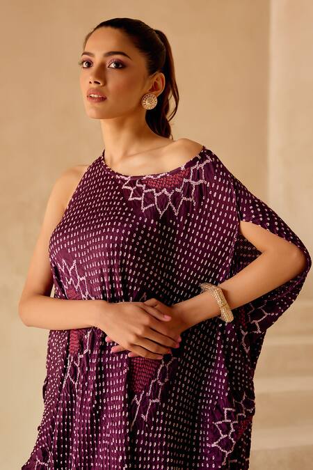 Twenty Nine_Purple Silk Boat Neck Boho Sunflower Bandhani Dress _at_Aza_Fashions