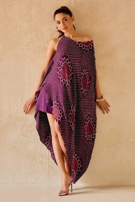 Buy_Twenty Nine_Purple Silk Boat Neck Boho Sunflower Bandhani Dress 