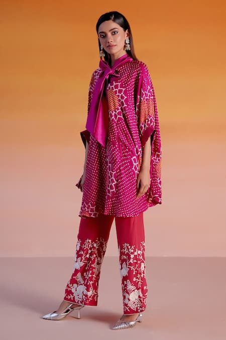 Twenty Nine_Pink Gingham Embroidery Bandeau Neck Breezy Sunflower Bandhani Tie Shirt _Online_at_Aza_Fashions