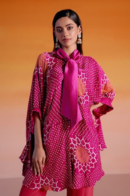 Buy_Twenty Nine_Pink Gingham Embroidery Bandeau Neck Breezy Sunflower Bandhani Tie Shirt _Online_at_Aza_Fashions