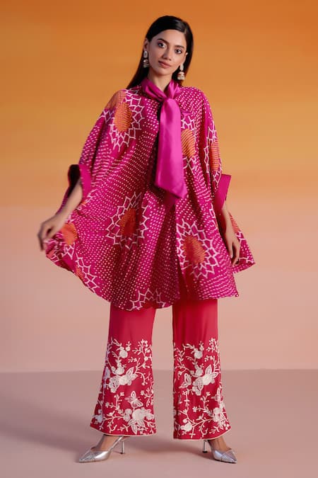 Shop_Twenty Nine_Pink Gingham Embroidery Bandeau Neck Breezy Sunflower Bandhani Tie Shirt _Online_at_Aza_Fashions