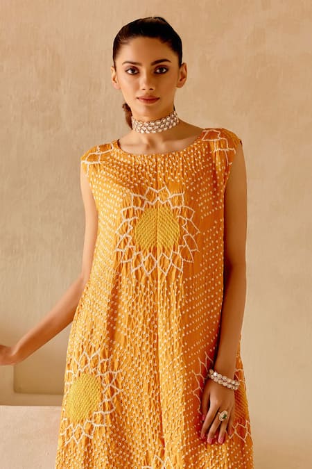 Buy Twenty Nine Orange Gabardine Embroidery Round Neck Sunflower Bandhani Shift Kurta Online at Aza Fashions Buy_Twenty Nine_Orange Gabardine Embroidery Round Neck Sunflower Bandhani Shift Kurta _Online_at_Aza_Fashions