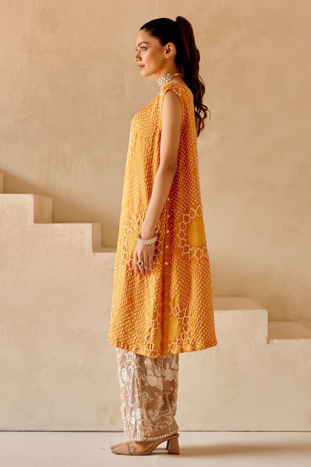 Shop Twenty Nine Orange Gabardine Embroidery Round Neck Sunflower Bandhani Shift Kurta Online at Aza Fashions Shop_Twenty Nine_Orange Gabardine Embroidery Round Neck Sunflower Bandhani Shift Kurta _Online_at_Aza_Fashions