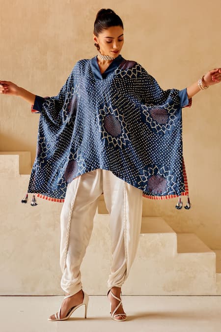 Twenty Nine Blue Gingham Beads V-neck Sunflower Bandhani Kaftan Top Online at Aza Fashions Twenty Nine_Blue Gingham Beads V-neck Sunflower Bandhani Kaftan Top _Online_at_Aza_Fashions