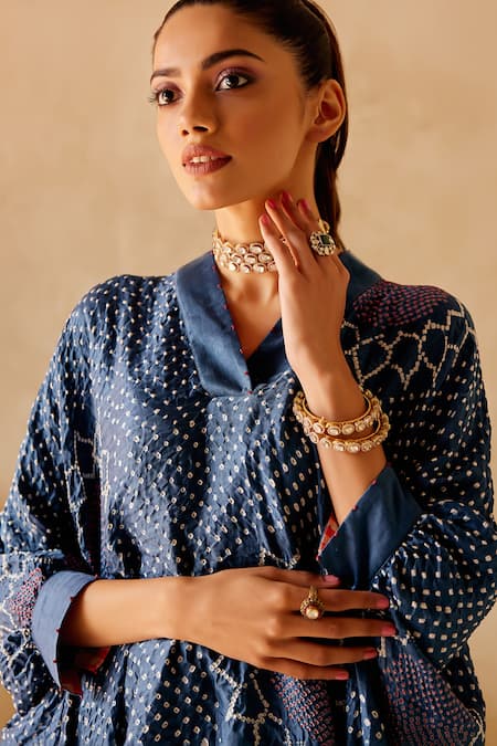 Buy Twenty Nine Blue Gingham Beads V-neck Sunflower Bandhani Kaftan Top Online at Aza Fashions Buy_Twenty Nine_Blue Gingham Beads V-neck Sunflower Bandhani Kaftan Top _Online_at_Aza_Fashions