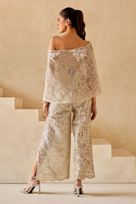 Shop_Twenty Nine_Silver Net Embroidered Mirror Slit Pant _at_Aza_Fashions