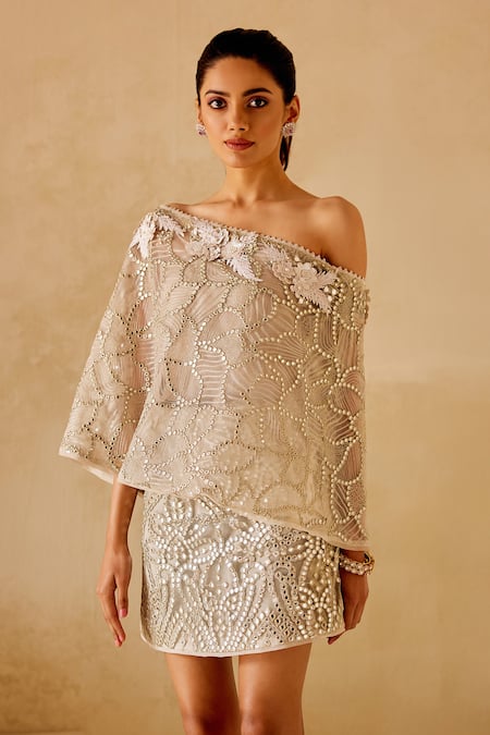 Twenty Nine_Silver Net Mirrors Embroidered Pencil Skirt _Online_at_Aza_Fashions