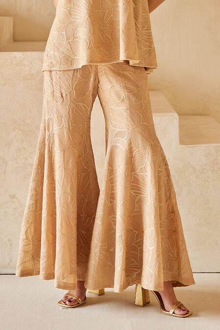 Twenty Nine_Beige Georgette Embroidery Zari Bootcut Pant _Online_at_Aza_Fashions