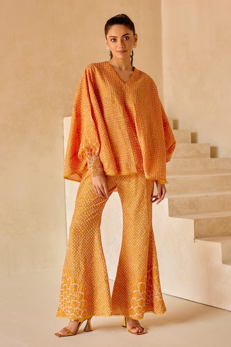 Shop_Twenty Nine_Orange Gajji Silk Hand Tie Dye Sunflower Bandhani Flared Pant _at_Aza_Fashions