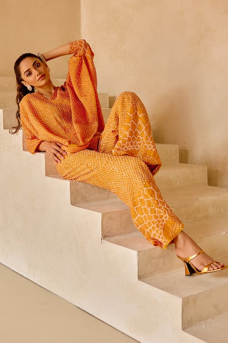 Twenty Nine_Orange Gajji Silk Hand Tie Dye Sunflower Bandhani Flared Pant _Online_at_Aza_Fashions