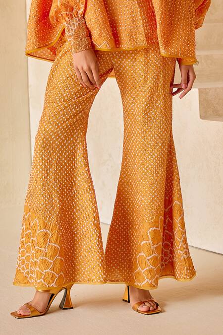 Buy_Twenty Nine_Orange Gajji Silk Hand Tie Dye Sunflower Bandhani Flared Pant _Online_at_Aza_Fashions