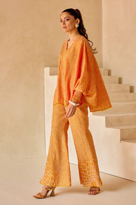 Shop_Twenty Nine_Orange Gajji Silk Hand Tie Dye Sunflower Bandhani Flared Pant _Online_at_Aza_Fashions
